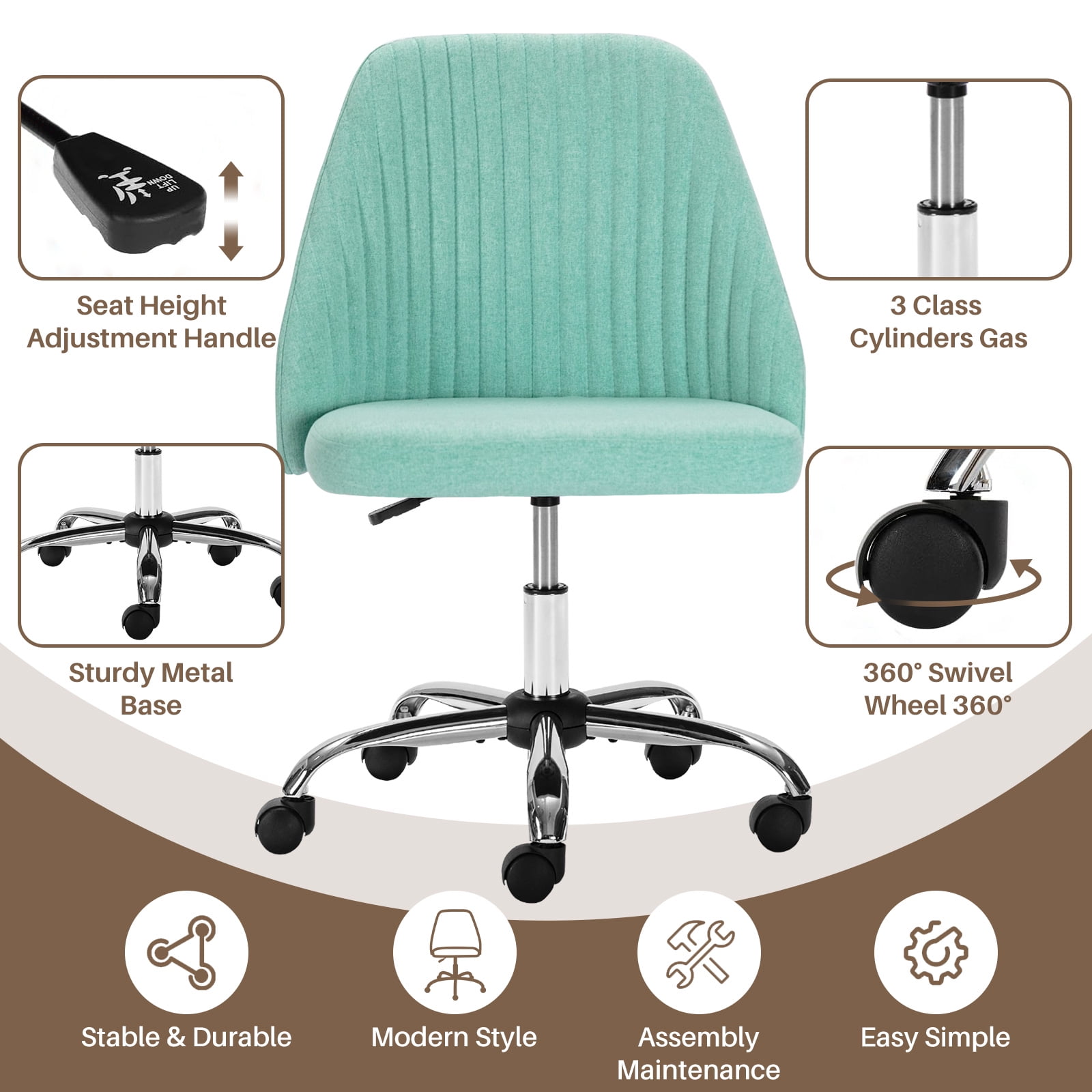 Colorful Linen Desk Chair, Comfy Thick Seat with Swivel Wheels, Armless Task Chair, Green