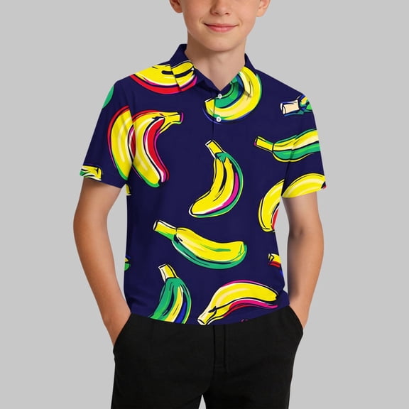 Avrnliq Boys Tropical Banana Print Short Sleeve Shirt Navy Kids Lightweight Casual Graphic Top for Summer School Daily Wear Ages 5-15,Size 14-15 T