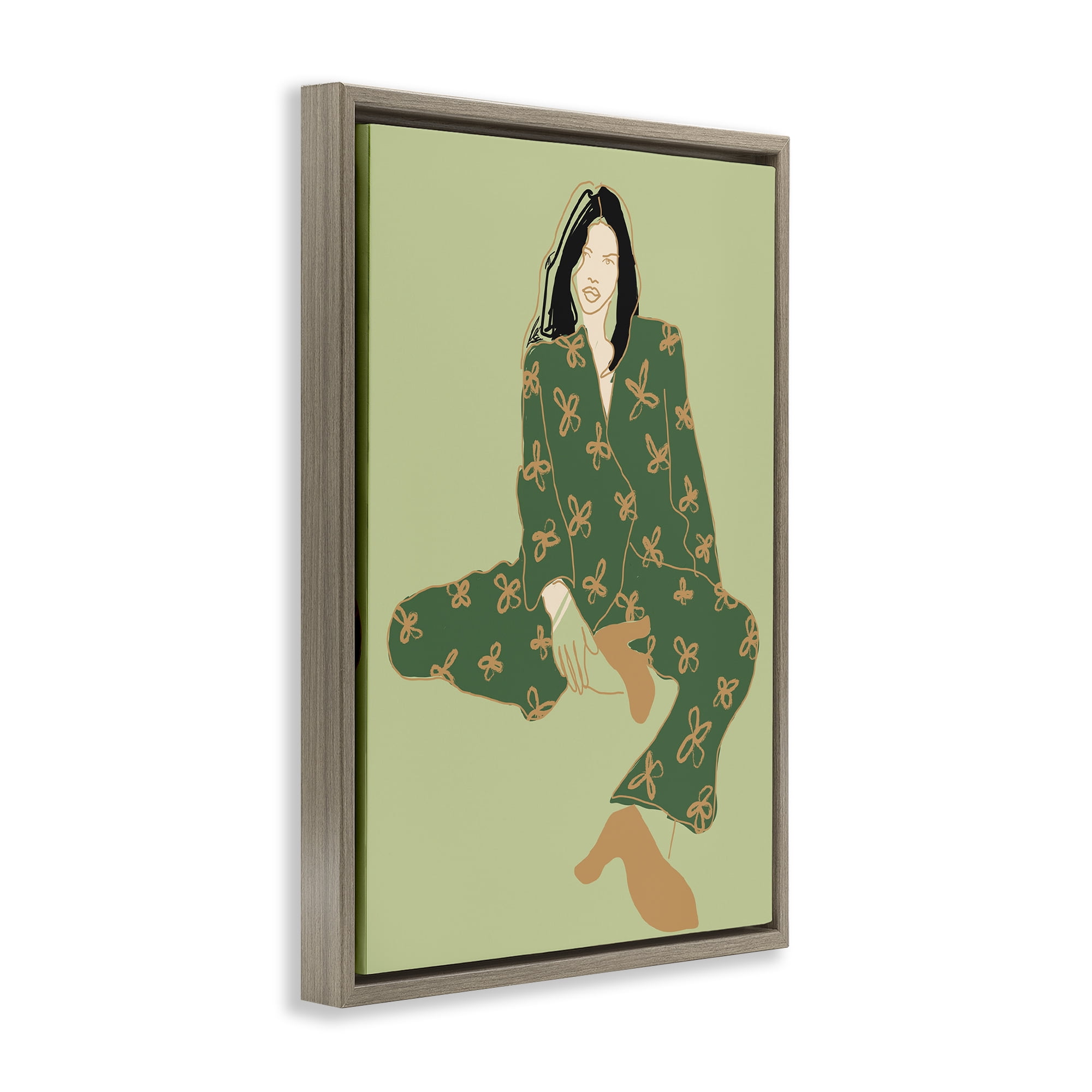 Stupell Industries Stylish Girl Sitting Novelty Painting Brown Floater Framed Art Print Wall Art, 21 x 31