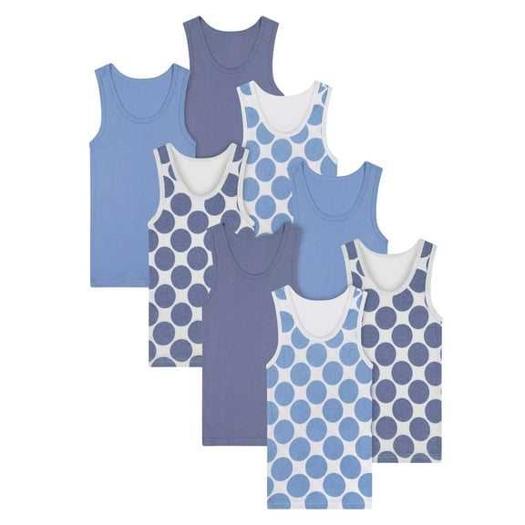 Buyless Fashion Boys Scoop Neck Tagless Undershirts Soft Cotton Blue Polka Dot Tank Top (8 Pack) - TW21-8-BD-4-5