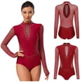 thumbnail image 6 of inlzdz  Women Rhinestones Ballet Dance Gymnastics Leotard Mesh Patchwork Figure Skating Burgundy S, 6 of 6
