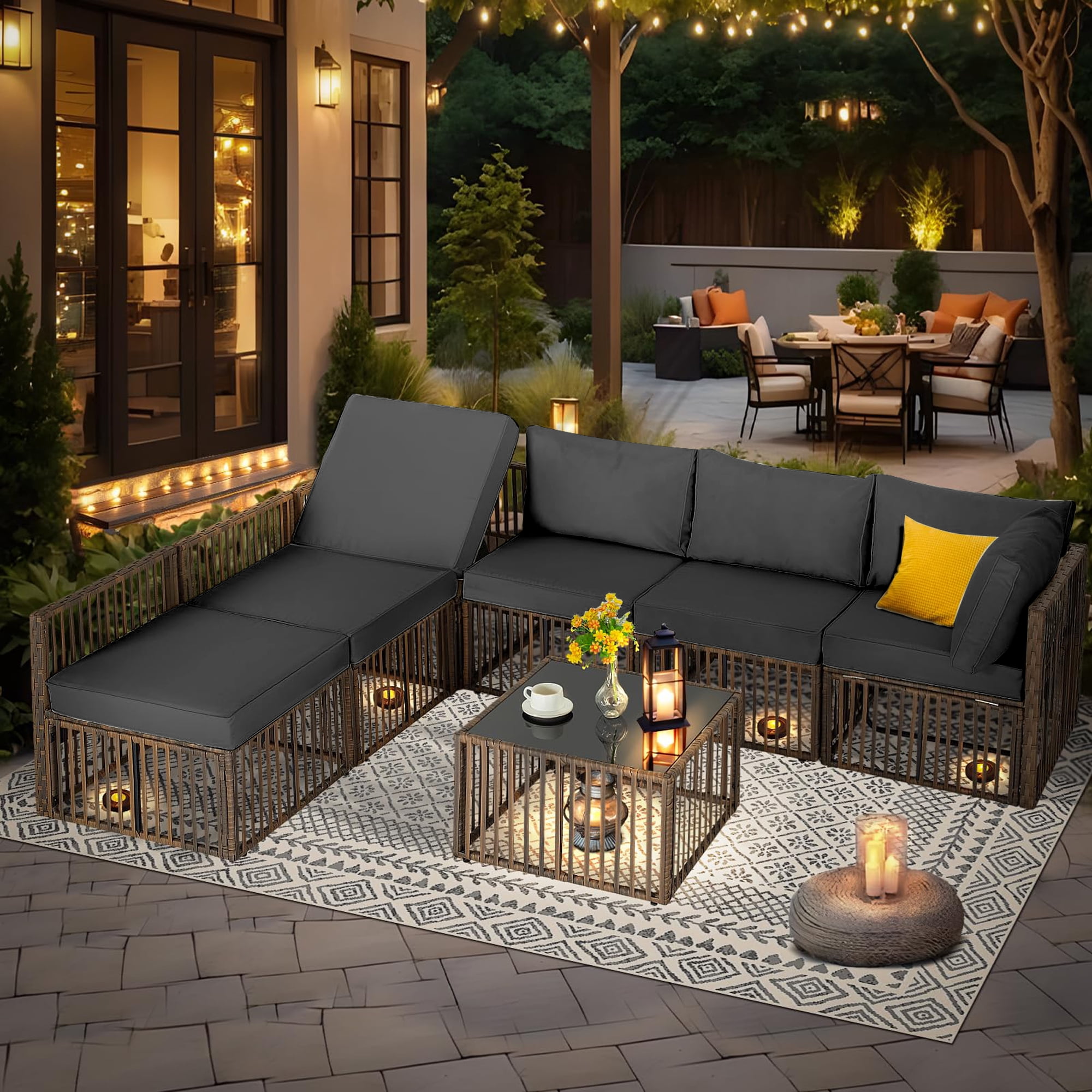 7 Piece Outdoor Sectional Sofa Set, All-Weather Patio Furniture with Washable Cushions, Waterproof Brown Rattan Wicker Conversation Set for Backyard, Poolside, Gray Cushion