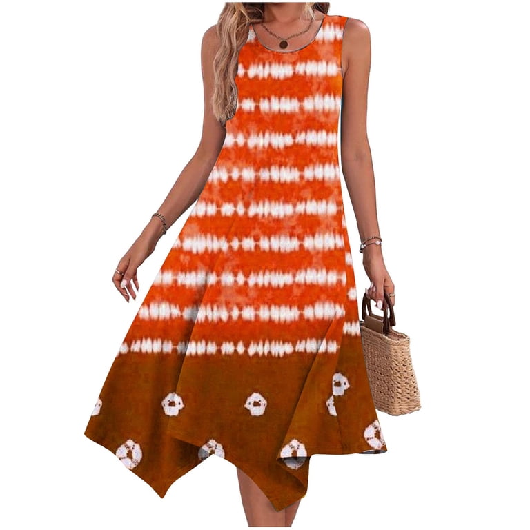 Successthop Long Summer Dresses for Women Stripe Sleeveless Midi Clothes Ladies Crewneck Holiday Dress with Pocket 2XL, Women's, Orange Successthop Long Summer Dresses for Women Stripe Sleeveless Midi Clothes Ladies Crewneck Holiday Dress with Pocket 2XL, Women's, Orange