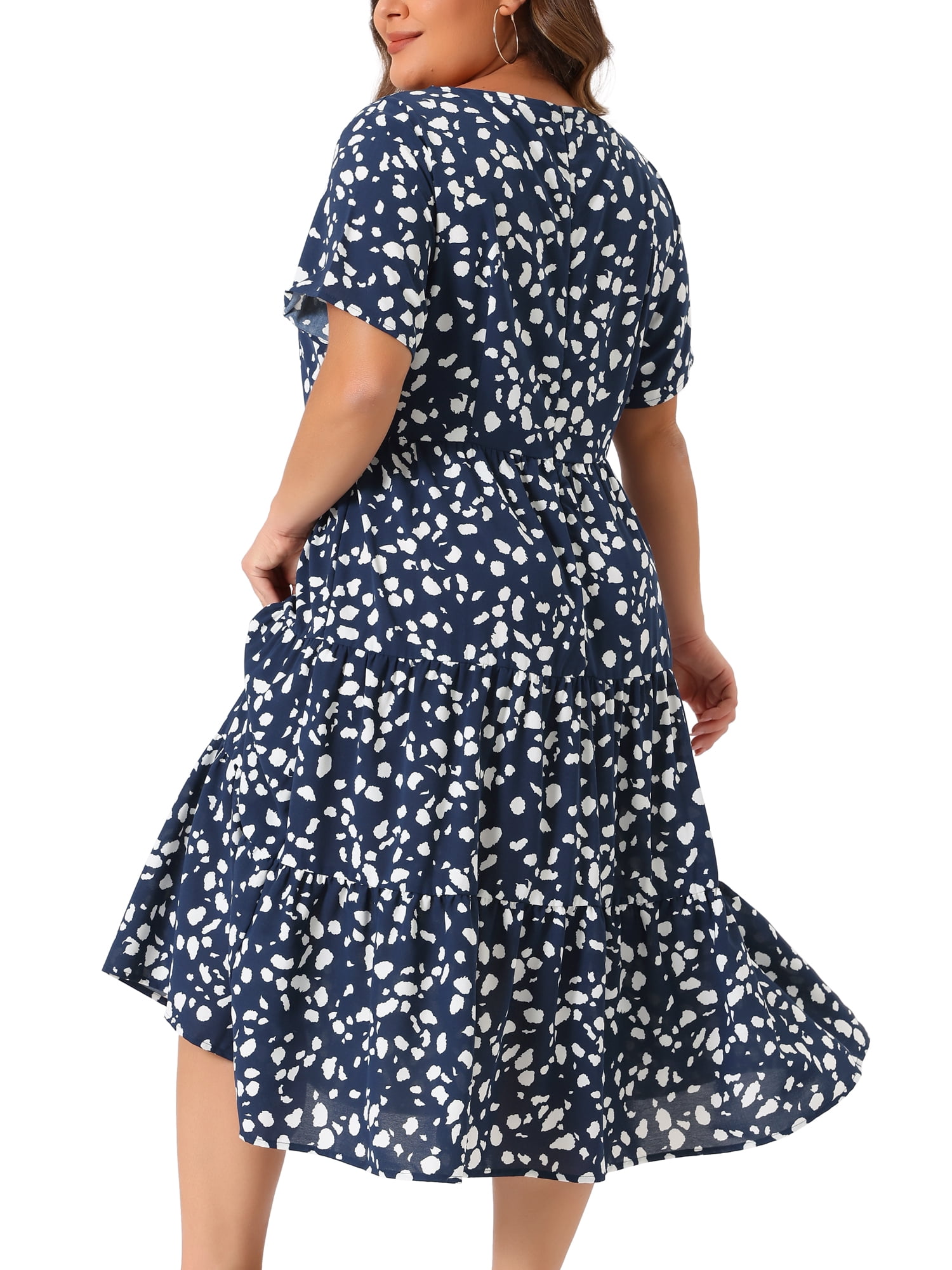 DARING DIVA Plus Size Tiered Polka Dots Midi Short Sleeve Babydoll Dress 3X Dark Blue