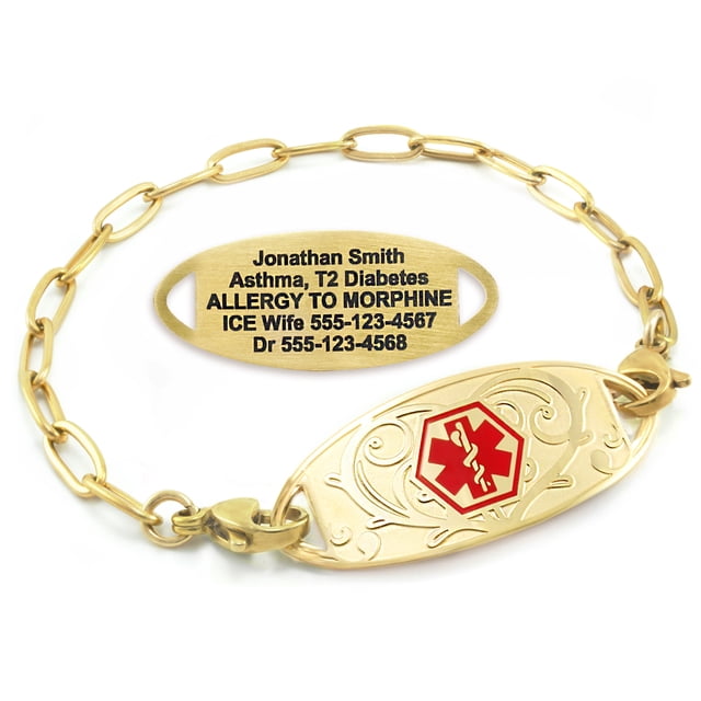 MedicEngraved Bracelet d'Alerte Médicale Personnalisé en Acier Inoxydable Or Jaune - Maillon Trombone 4 mm