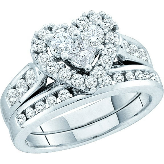 14kt White Gold Womens Princess Round Diamond Heart Bridal Wedding Engagement Ring Band Set 1.00 Cttw