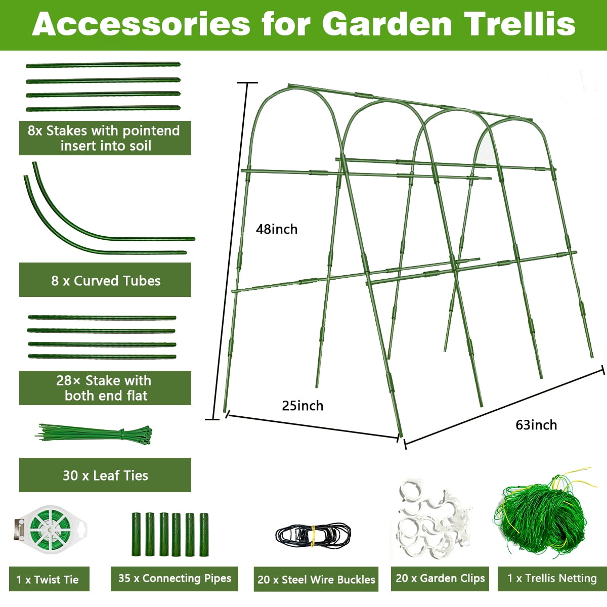 ROMUCHE 63"x48" Cucumber Trellis,Garden Arch Trellis for Climbing Plants Steel Plant Support Trellis for Flower Vine Grape Vegetable Plant Climbing Trellis for Melon Tomato Bean w/Netting