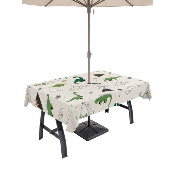 Outdoor Tablecloth with Umbrella Hole for Patio/Picnic/Party/Camping, Cartoon Dinosaurs Waterproof Table Cloth Rectangle Table Cover Washable, Funny Cute Farmhouse Mountain Leaves (54"x 80")
