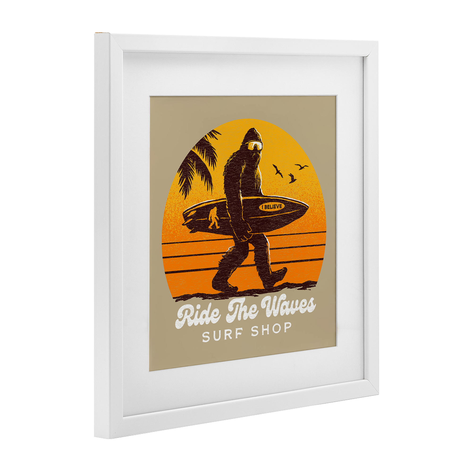 Ride The Waves Surf Shop White Framed Print Under Glass, design by Jedco Brands Inc.