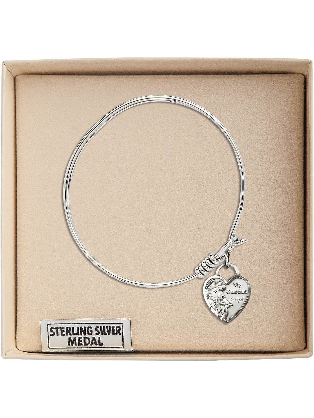 Guardian Angel Charm On A 6 1//4 Inch Round Eye Hook Bangle Bracelet
