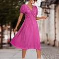thumbnail image 2 of Robes d'Été pour Femmes Manches Courtes Bouffantes Robe Midi Quotidienne Unie devant Torsadé Col en V Décontractée Coupe Ample Plissée, 2 of 7