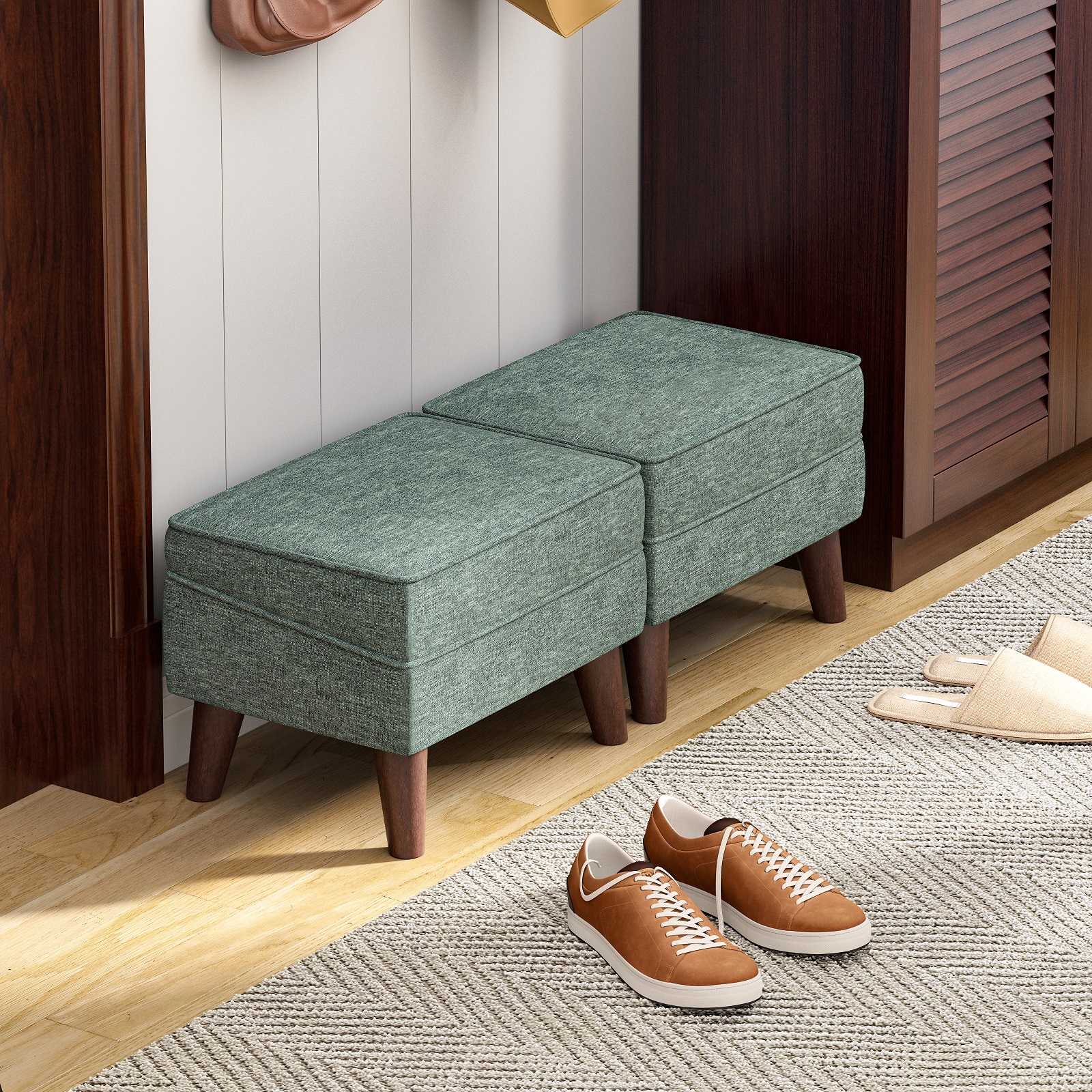 Tabouret Ottoman Avec Rangement - Tissu Lin, Pieds Bois, Couvercle Réglable - Pour Salon, Chambre, Entrée - Gris