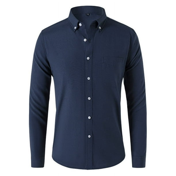 Blusa y camisa de manga larga con cuello alto para hombre, informal, con botones, de poliéster, de color liso y manga larga.