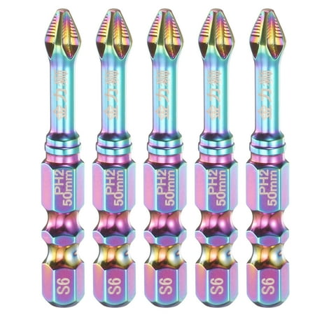 Uxcell 5pcs Impact Phillips Screwdriver Bit PH2 (#2) Anti Slip Teeth Tip 1/4 Hex Shank 2 (50mm) Long Magnetic Cross Screw Driver Industrial Drill Bits