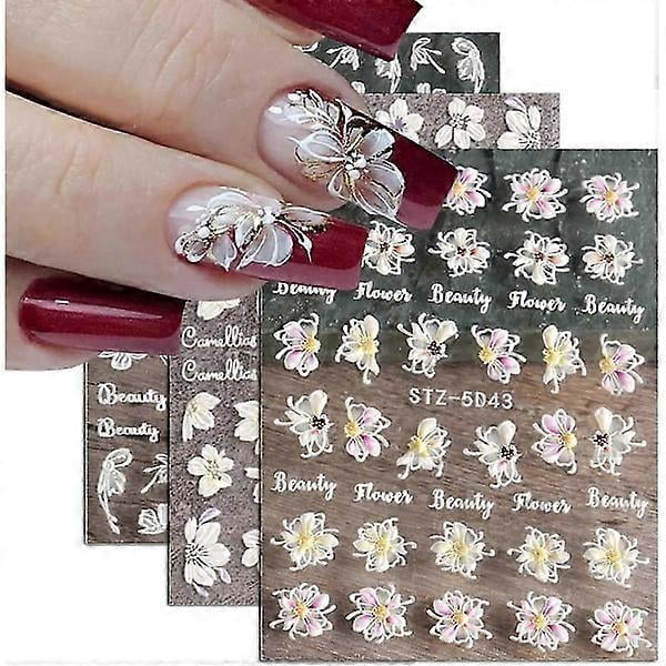 5D Nail Sticker Design Nail Decals 4 Sheets Nail Stickers Flower Appliques Nail Art Self-Adhesive