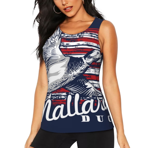 Balery Mallard Duck With American Flag Camiseta sin mangas estampada ligera para mujer, tops de entrenamiento sin mangas, camisetas de yoga transpirables de secado rápido.-Medium