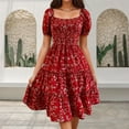 thumbnail image 2 of Dresses Plus Size Temperament Floral Square Neck Short Sleeve Waisted Ruffled A-Line Skirt Plus Size Dress Red L, 2 of 4