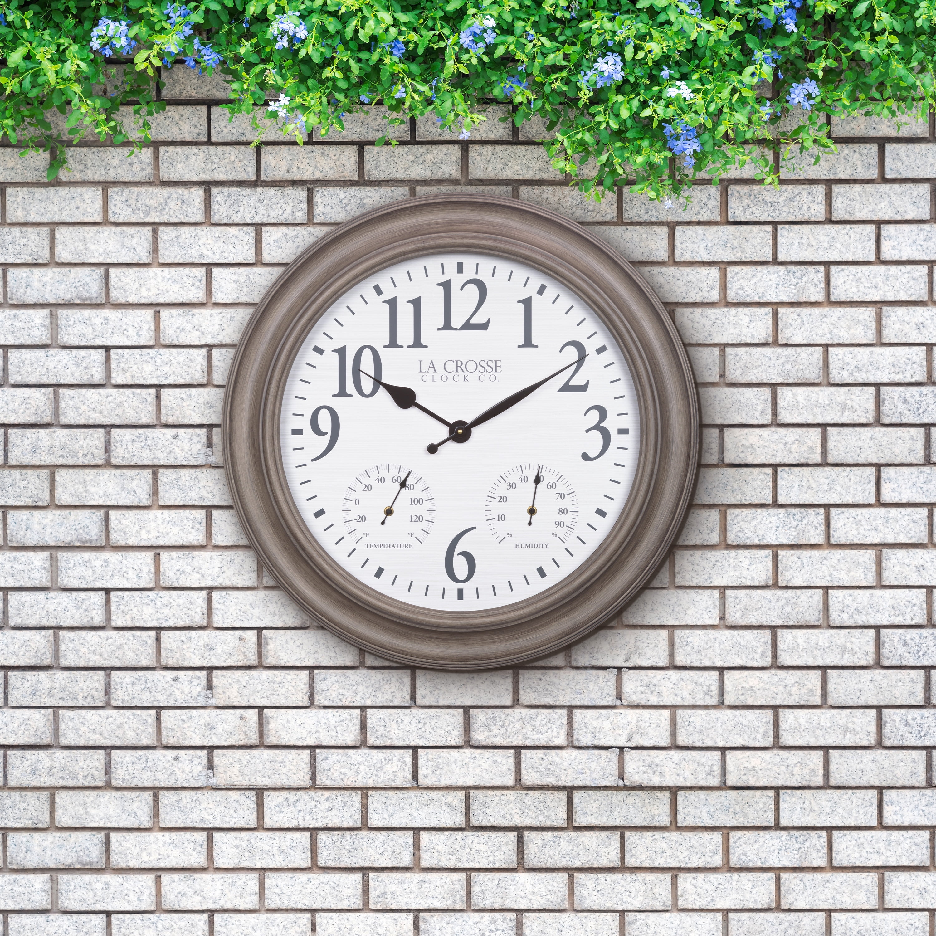 La Crosse 26.2" Outdoor Gray Oak Analog Quartz Wall Clock with Temp & Humidity, 433-3267TH
