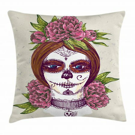 Sugar Skull Throw Pillow Cushion Cover, Portrait of a Young Girl with Gothic Day of the Dead Makeup Ink Painting Style, Decorative Square Accent Pillow Case, 16 X 16 Inches, Multicolor, by