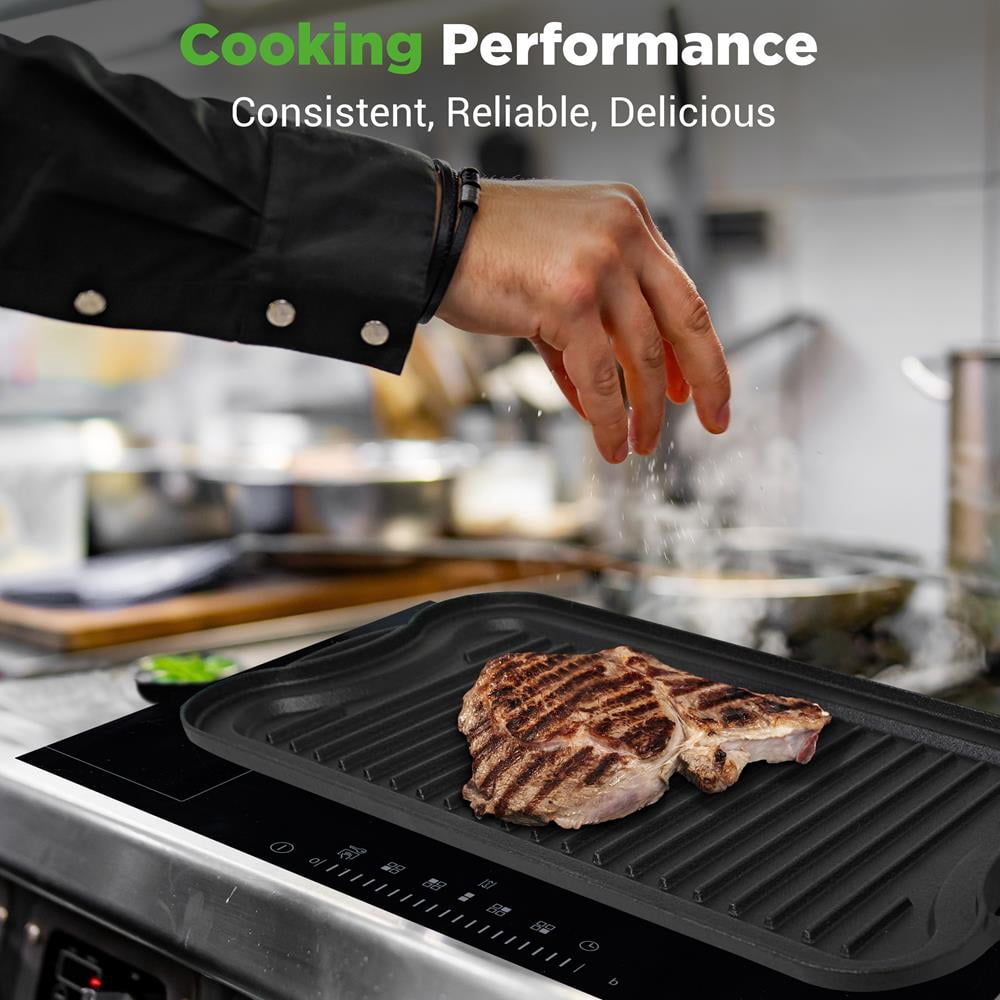 NutriChef Reversible Cast Iron Griddle Pan, Heavy-Duty Flat & Ribbed Grill Plate for Stove Top & Gas Grill, Includes Scraper Tool