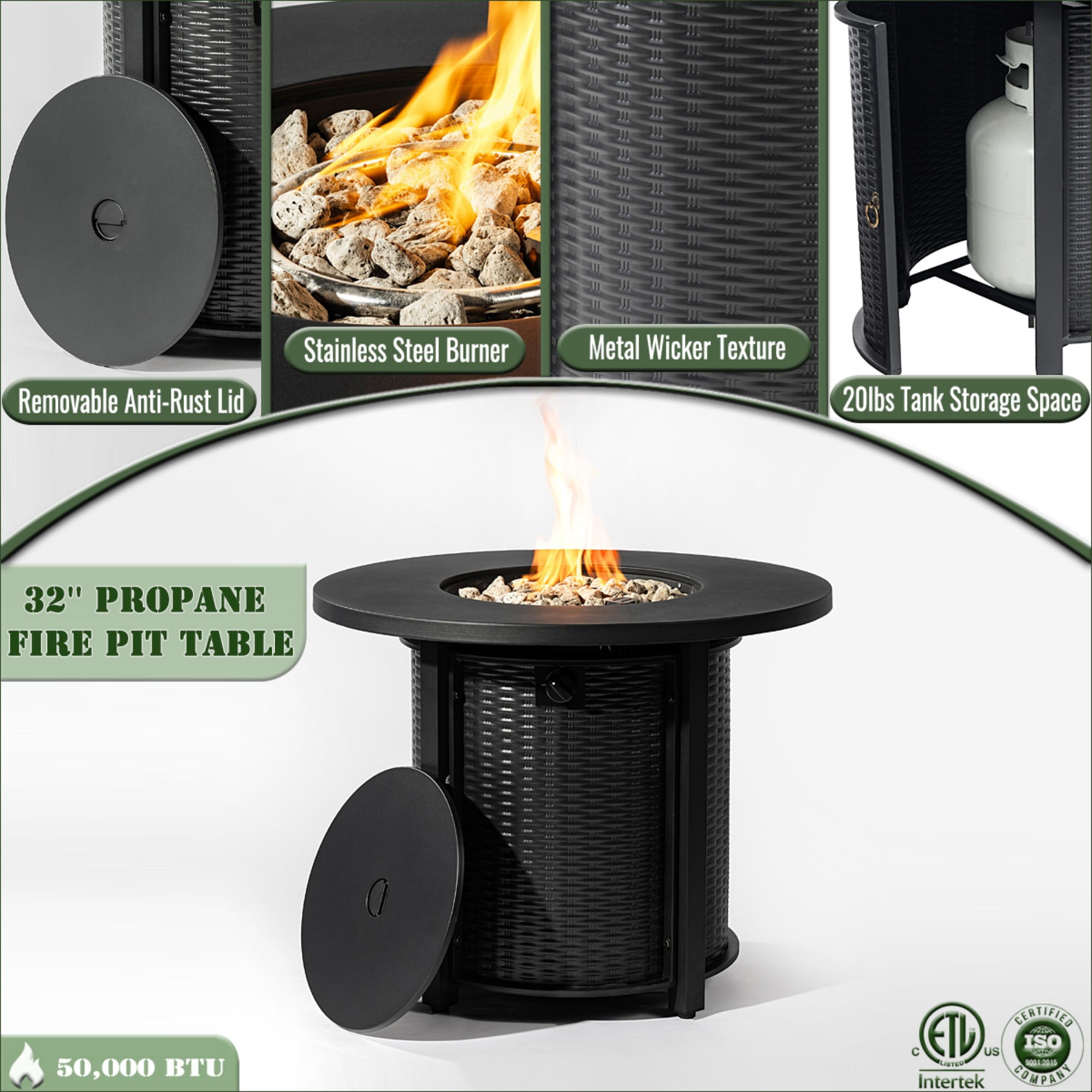 BOFANG 32 inch Propane Fire Pit Table with Lid & 50,000 BTU Heater, Black