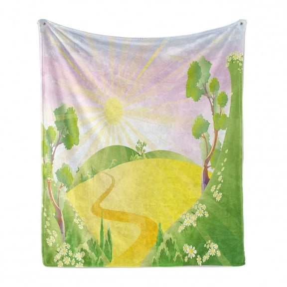 Landscape Soft Flannel Fleece Blanket, Sunny Valley Trees Daisy Flowers Field Meadow Summer Flourish, Cozy Plush for Indoor and Outdoor Use, 50" x 60", Mustard Fern Green and Lilac, by Ambesonne