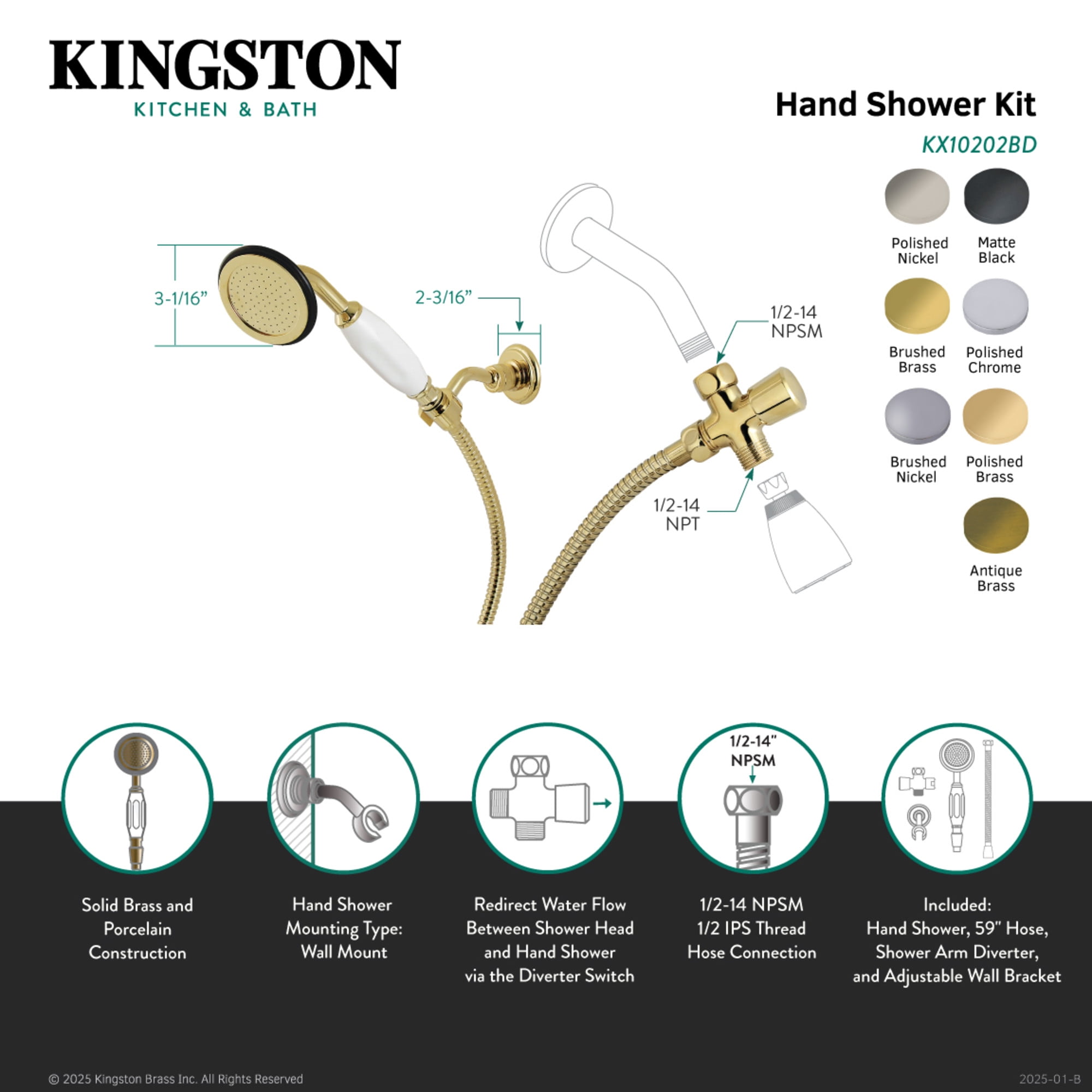 Kingston Brass KX10200BD Vintage Hand Shower Kit, Matte Black