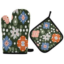 Yayeee Oven Mitts and Pot Holder Set of 2 Heat Resistant Kitchen Gloves Baking Hot Pad, Blue Geometric Flowers