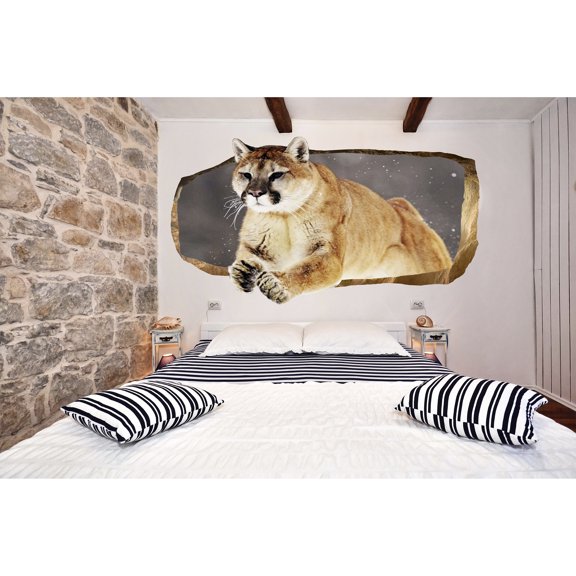 Startonight 3D Mural Wall Art Photo Decor Puma Jump Amazing Dual View Surprise Wall Mural Wallpaper for Bedroom Animals Wall Art Gift Large 47.24 ?? By 86.61 ??