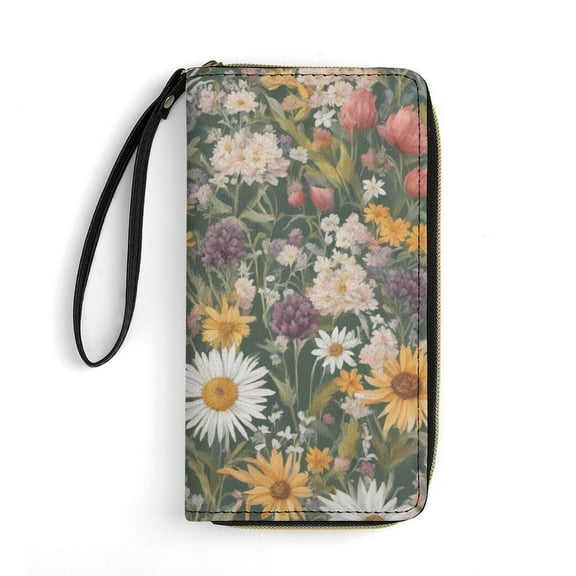Womens Wallet Bifold Ladies Cluth Bag Wristlet Wrist Strap Long Purse Wildflower Floral Design