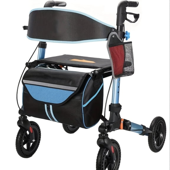 GDF Studio Lightweight Foldable Rollator Walker with Seat, All Terrain Wheels, Adjustable Handle for Seniors, Blue