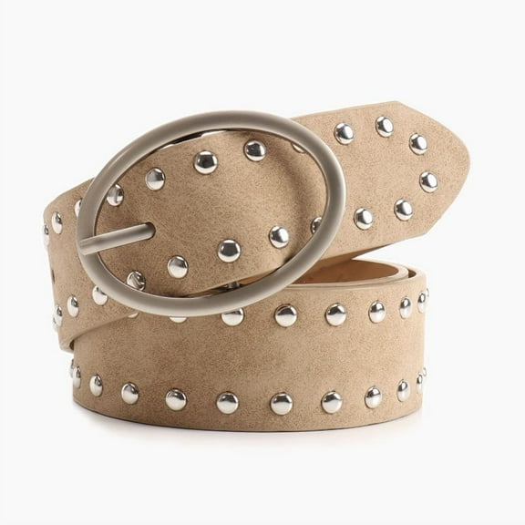 Zhuge Women's Fashion Studded Leather Belt, Adjustable Punk Waist Belt Great for Jeans, Dresses & Casual Outfits, Khaki