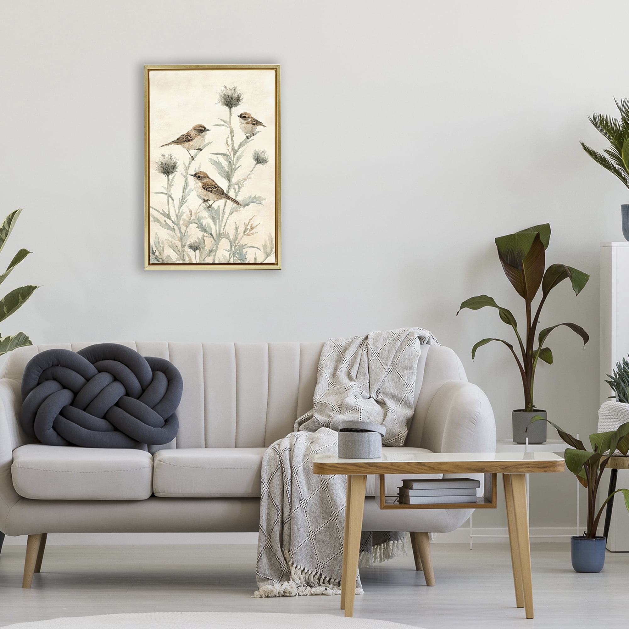 Stupell Industries Sparrows on Thistle Stems Gold Framed Floater Canvas Wall Art, design by Petal Prints Design