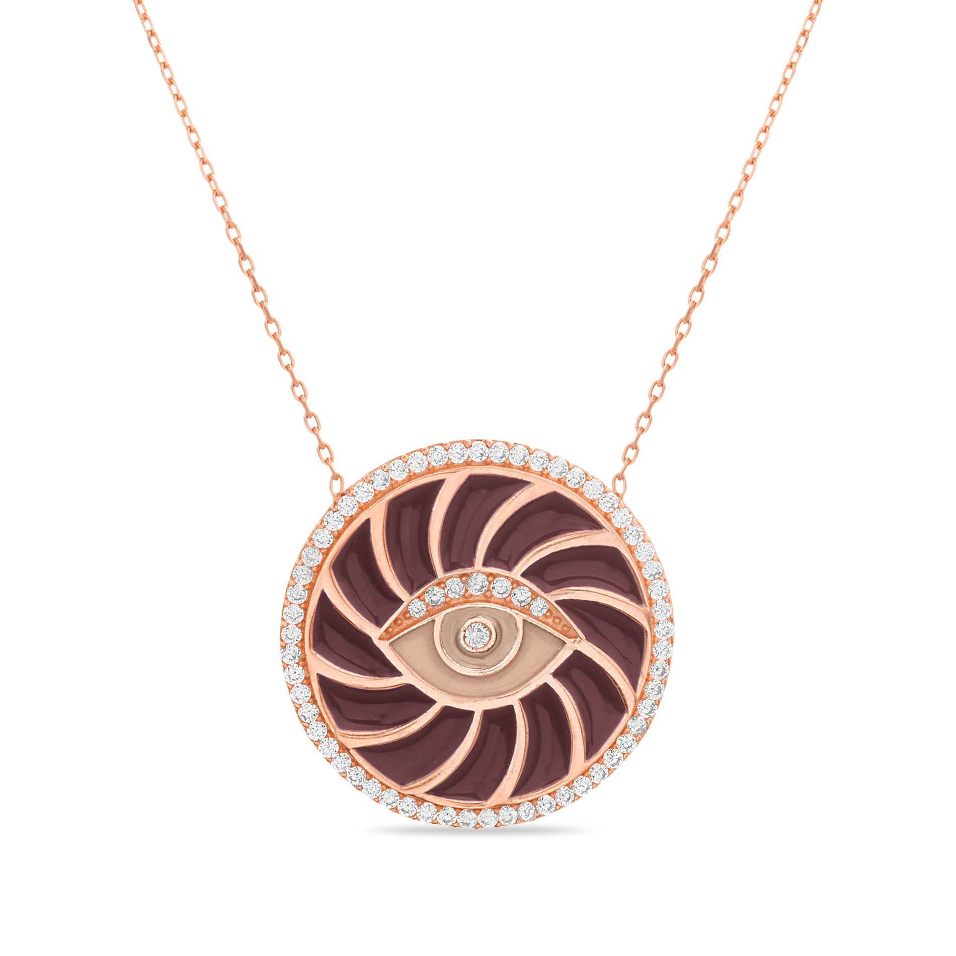Rose Gold Plated Black Cubic Zirconia Evil Eye .925 Sterling Pendant Necklace 