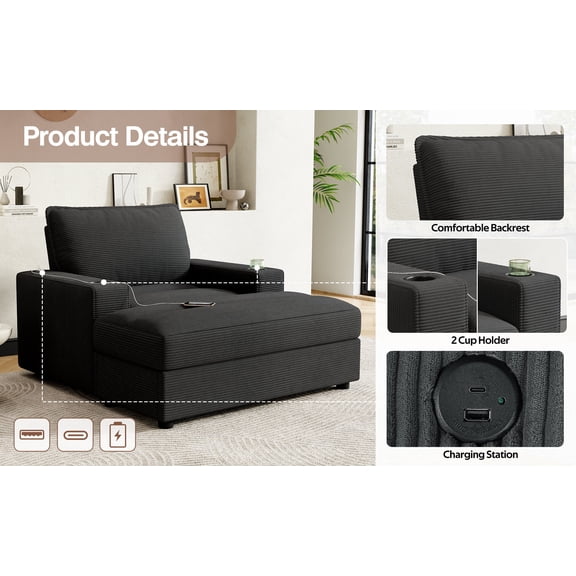 Modern Sofas 42.8" Oversized Chaise Lounge Chair with Storage Ottoman, Corduroy Sofa Bed with Cup Holders & USB Charging Port, Upholstered Sleeper Chair, Deep - Seat Reading Couch for Living Room, Be