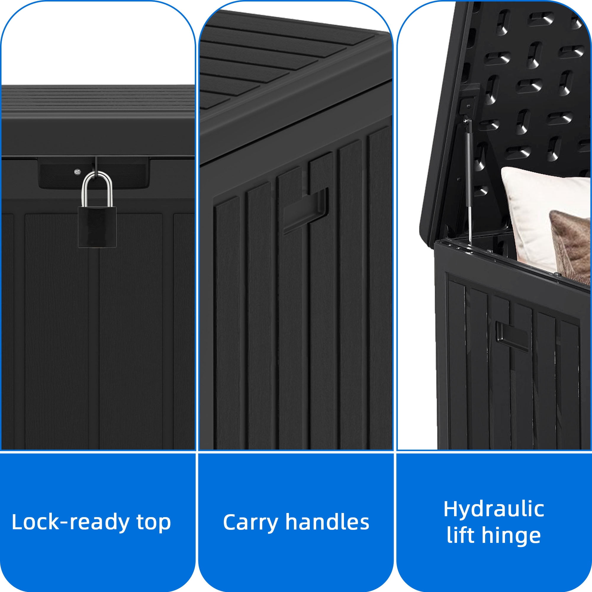 Dextrus 90 Gallon Double-Wall Resin Deck Box, Black Waterproof Weather Resistant Outdoor Storage Box, Lockable Container with 450lbs Heavy-Duty Seating for Patio, Garden Tools & Outdoor Essentials