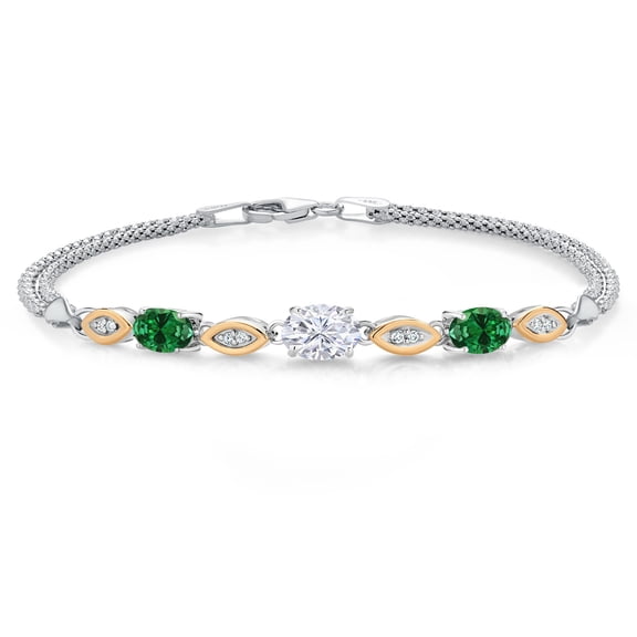 Gem Stone King 925 Silver and 10K Yellow Gold White Moissanite and Green Created Emerald and White Lab Grown Diamond Bracelet for Women (1.66 Cttw, Gemstone, Oval, Wheat Chain, 7.5 inches)