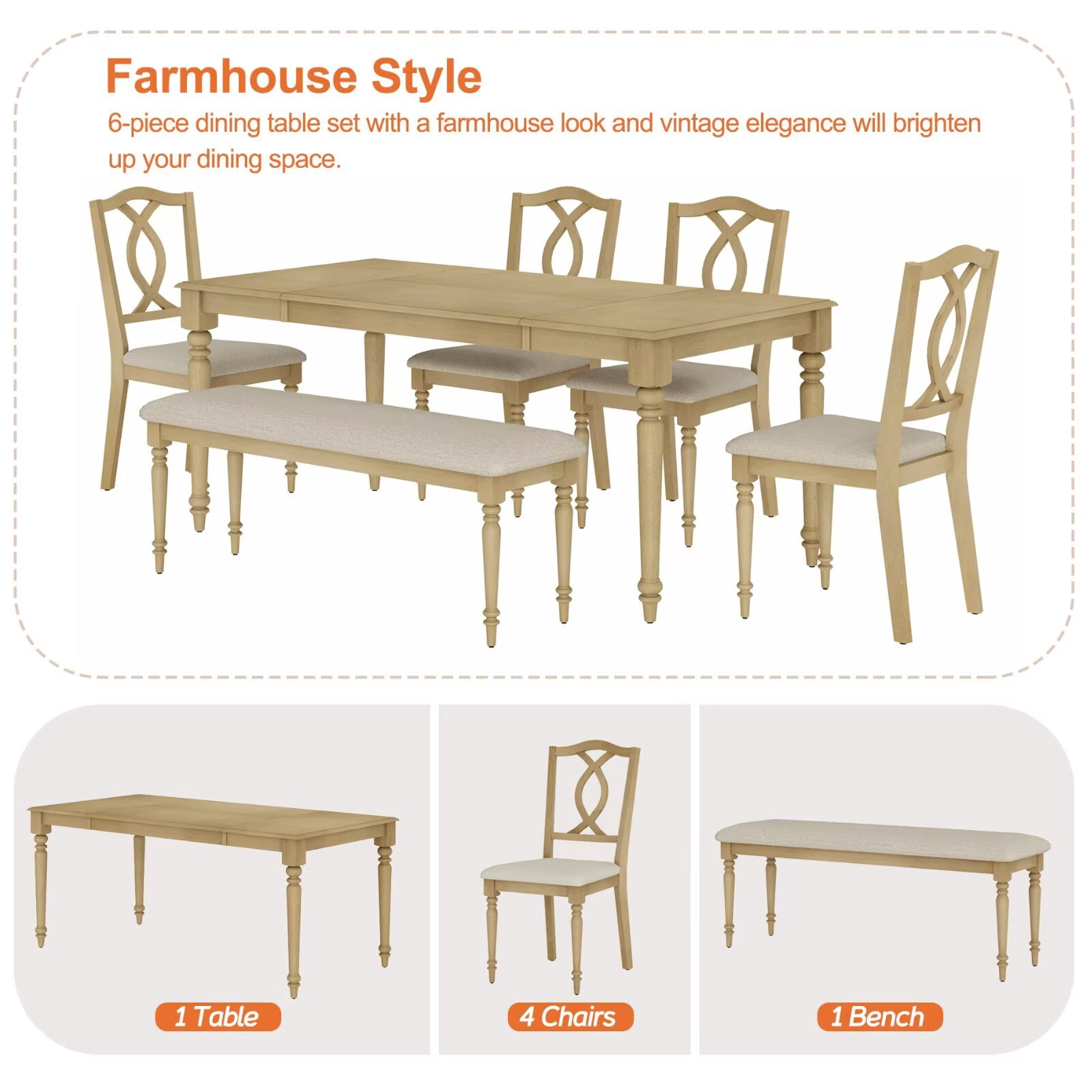 6 Piece Dining Table Set for 6-8 People - Includes One Dining Table, One Upholstered Bench, 4 Wood Dining Chairs, Rustic Dining Set for Kitchen, Oak