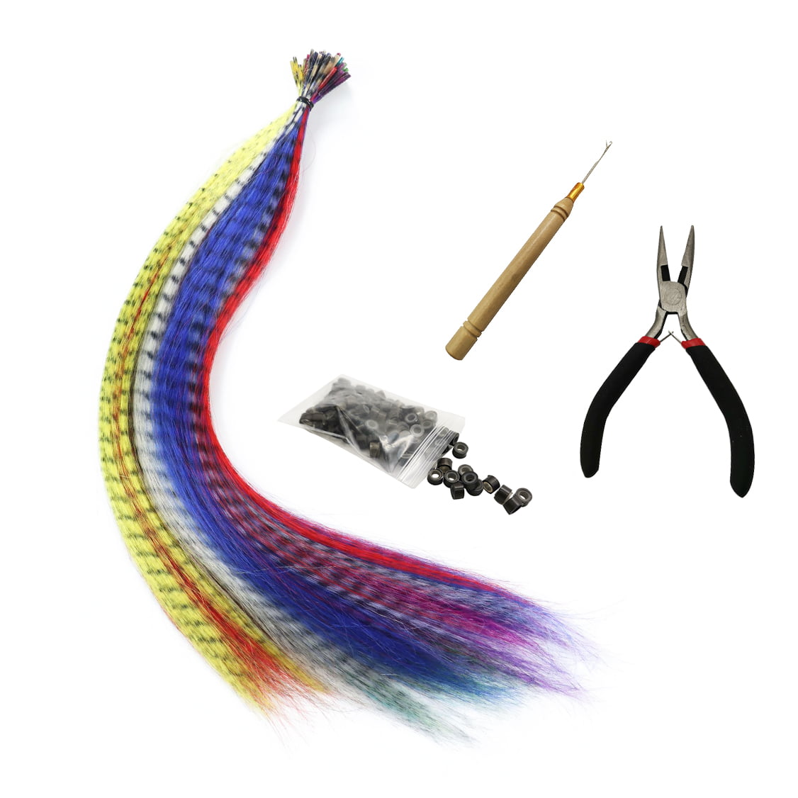 Feather Hair Extension Kit with 26 Synthetic Feathers, 100 Beads, Plier and  Hook