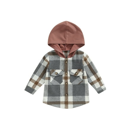 

Domingbub Toddler Baby Boy Girl Flannel Plaid Hoodie Jacket Long Sleeve Button Down Hooded Shacket Coat Tops with Pockets Gray 3-4 Years