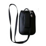 Around the Neck Black Leather Case with rotating pinch clip fits Greatcall Alcatel Jitterbug Flip Phone