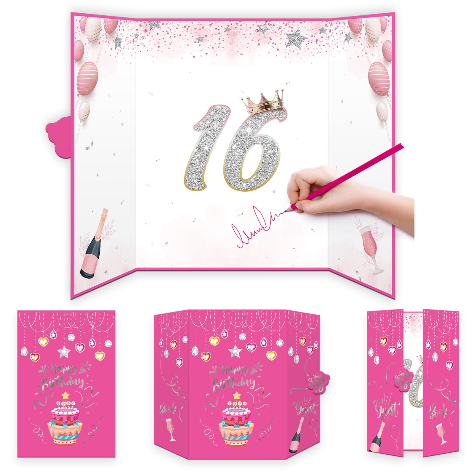 16th Guestbooks, Hotpink Birthday Cards, Birthday Guestbook Poster 18 x 12 inch, Sweet 16 Years Old Birthday Gifts for Girls, Sweet 16 Party Decorations, Birthday Party Signature Book
