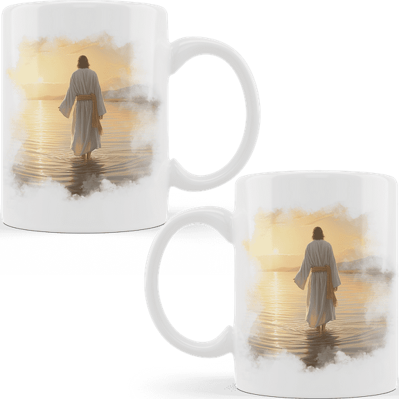 Lotusprinthandmade Jesus Walking on Water White Ceramic Mug (11oz) (Made In US), Faith-based Coffee Mug, Religious-themed Drinkware