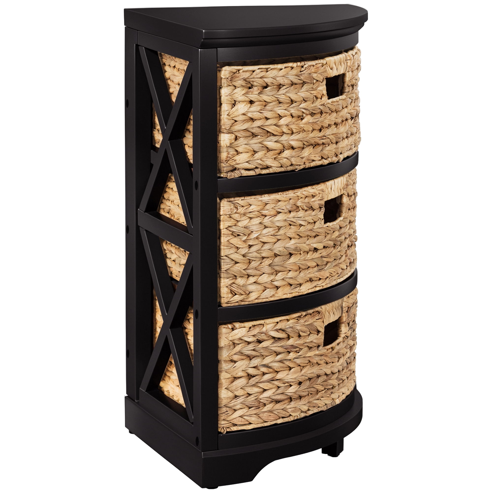 Hampton Meadows 3 Tier X-Side Corner Table Storage Cabinet with 3 Natural Water Hyacinth Wicker Baskets for Living Room, Black