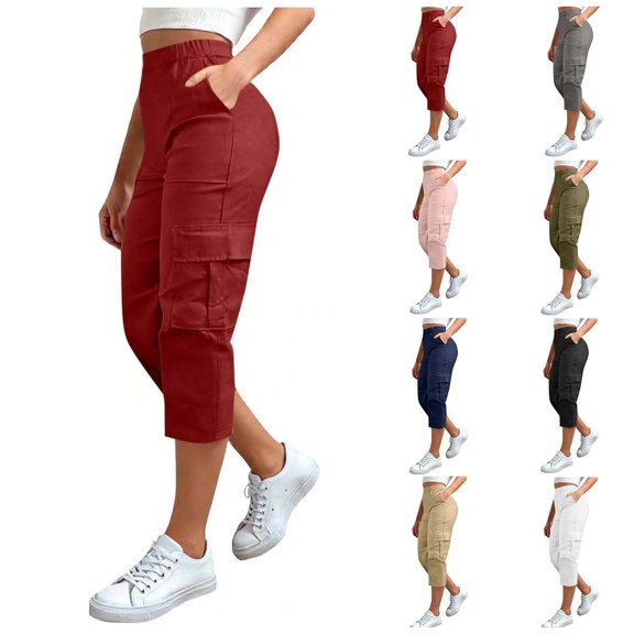NordicNest Elastic Waist Cargo Capris for Women, High Waist Capri Pants for Women with Pockets, Casual Summer Capris Red L