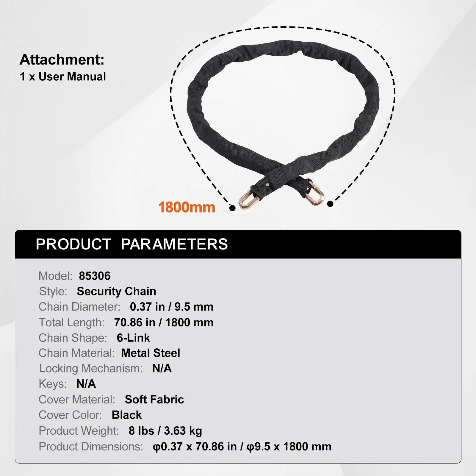 Heavy Duty 5.91 Ft Bike Chain Lock-High Security Metal Steel Anti-Theft Lock for Bicycles,Motorcycles,Scooters,Doors,Fences,and Gates,9.5mm Black