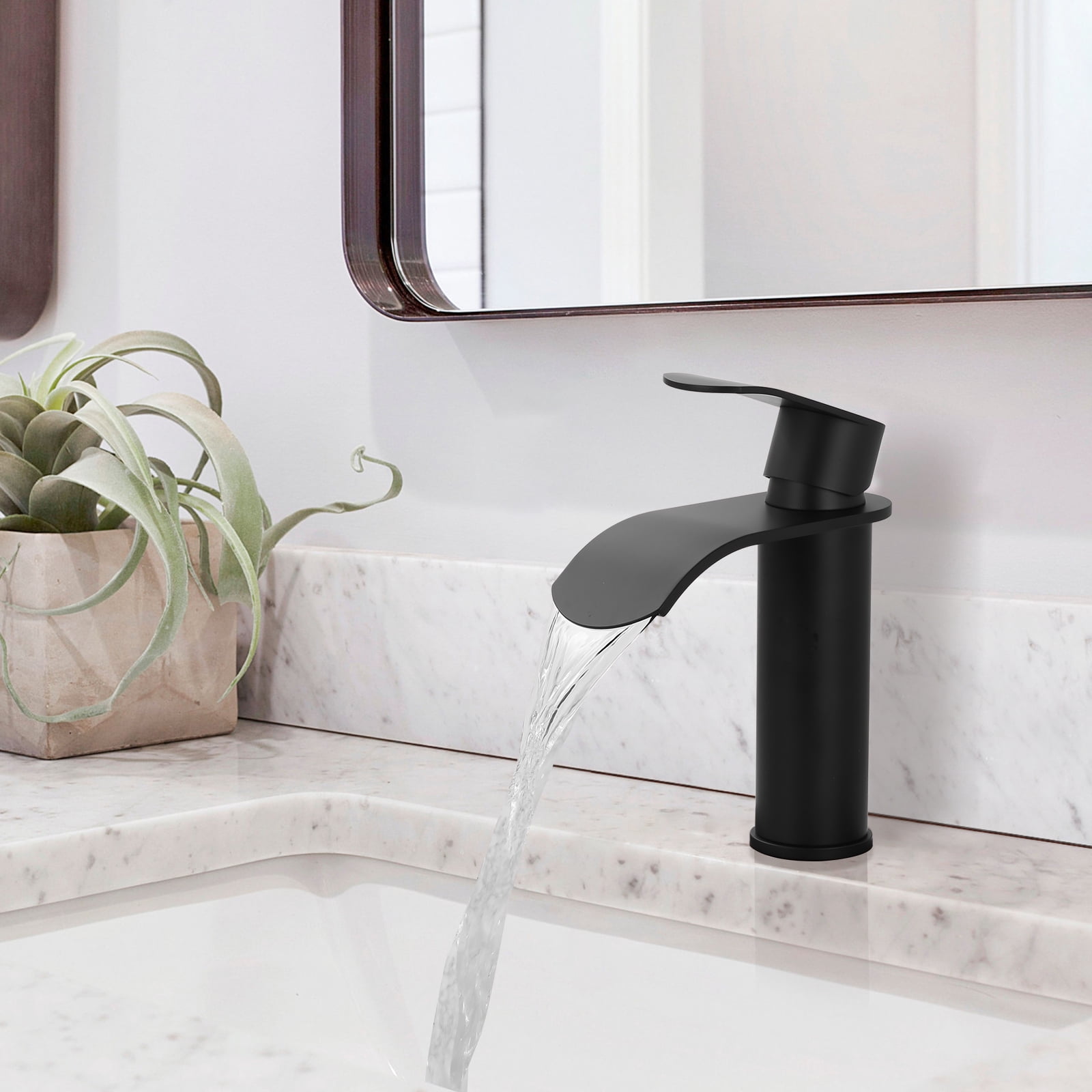 WOWOW Waterfall Bathroom Faucet Matte Black: Bathroom Sink Faucet for 1 Hole or 3 Holes, Single Handle Vanity Faucet with Metal Pop up Drain, Stainless Steel Basin Sink Faucet Tap for RV