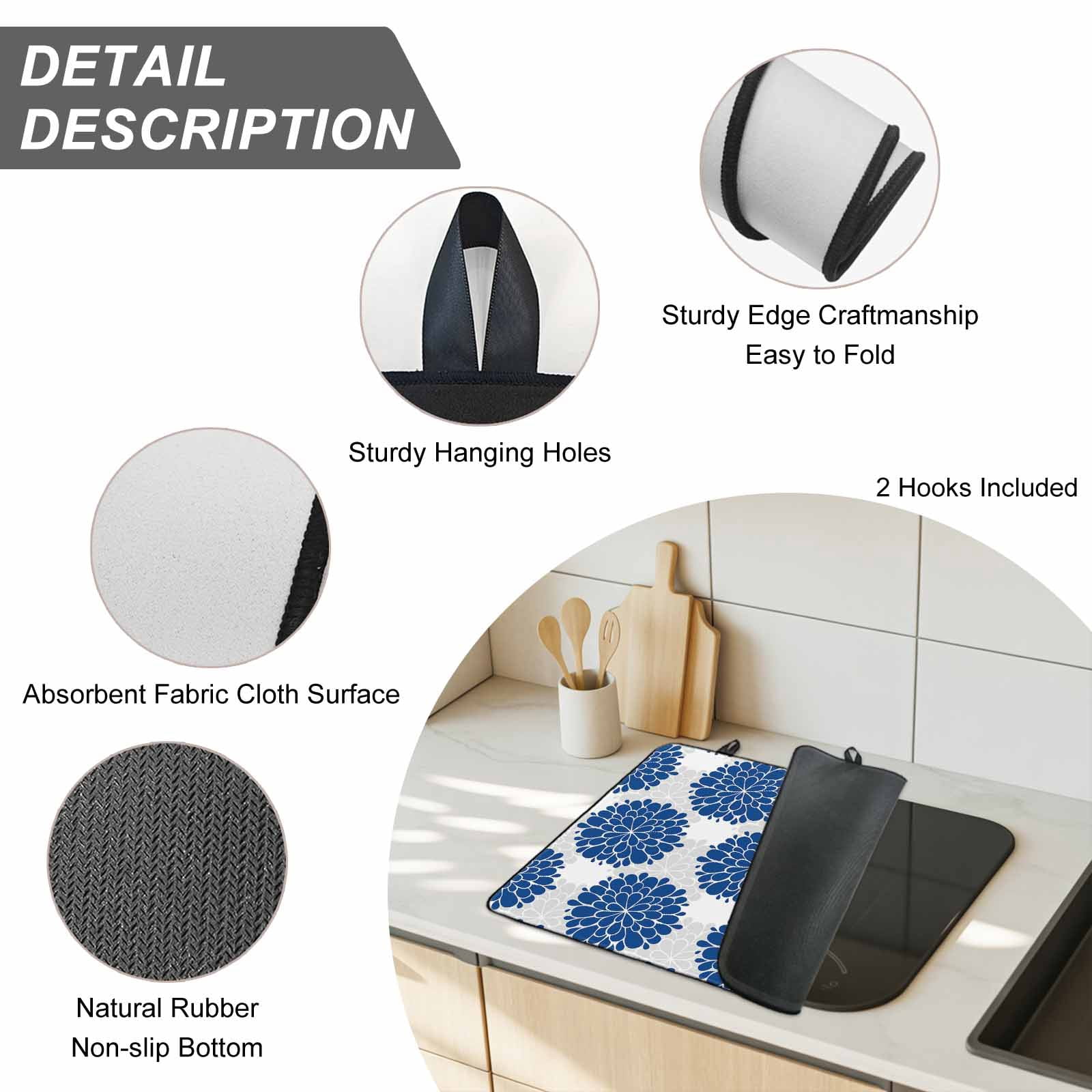 Dahlia Flower Stove Top Cover for Electric Stove, Heat-proof & Non Slip Glass Top Stove Cover Protector, Farmhouse Botanical Blue Grey Floral Kitchen Flat Cooktop Rubber Mat 24x21 Inches