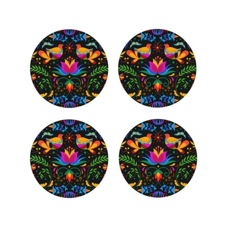 

Matuu Mexican Flower Traditional1 for Cup Coasters Set of 4 Leather Coasters Desk Coasters for Office Measures 4” x 4”-Round Shape