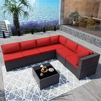 Gotland 7 Piece Patio Conversation Set,Rattan Wicker Outdoor Furniture Patio Sectional Sofa(Red)